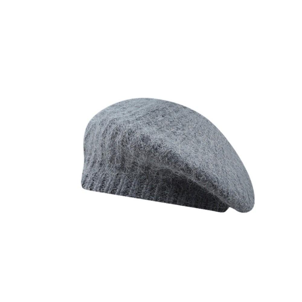 

Шерстяная вязаная шапка-бини однотонная шляпа художника ретро мохеровый берет для девочек серый