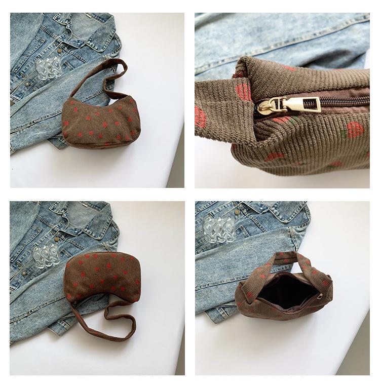 Korean-Style Strawberry Print Corduroy Handbag - 2025 Autumn Collection