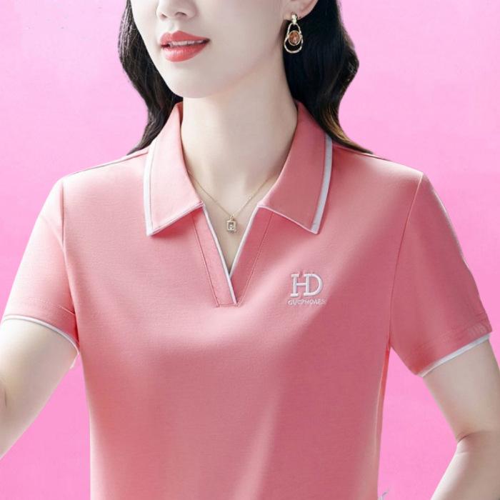 Camiseta POLO de Verano de Manga Corta para Mujer Nueva Versátil Talla Grande Moderna Reductora de Edad Casual Top de Señora
