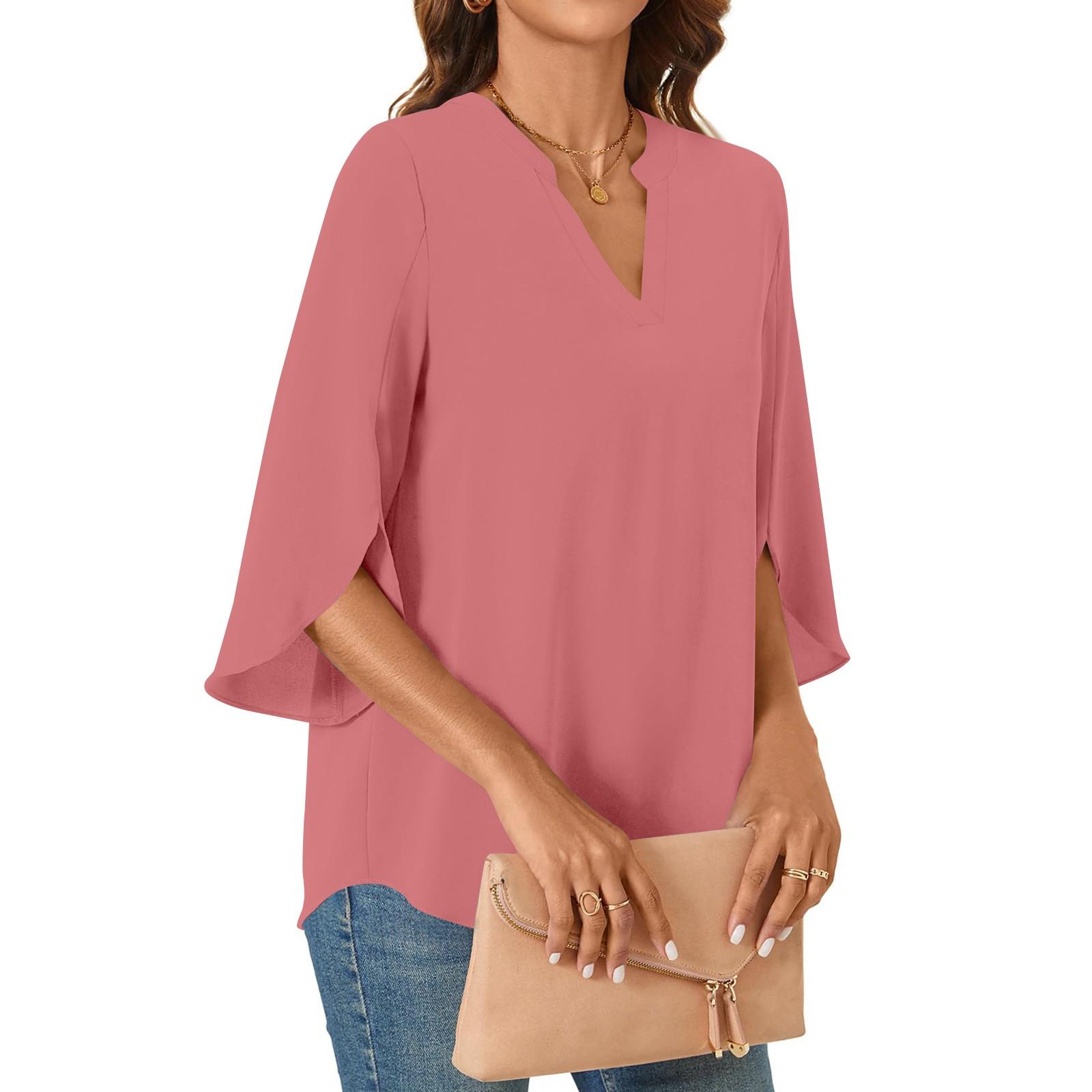 

Женские топы 3/4 ярусные рукава-колокольчики V-образный вырез блузки рабочие туники рубашки XL арбуз красный