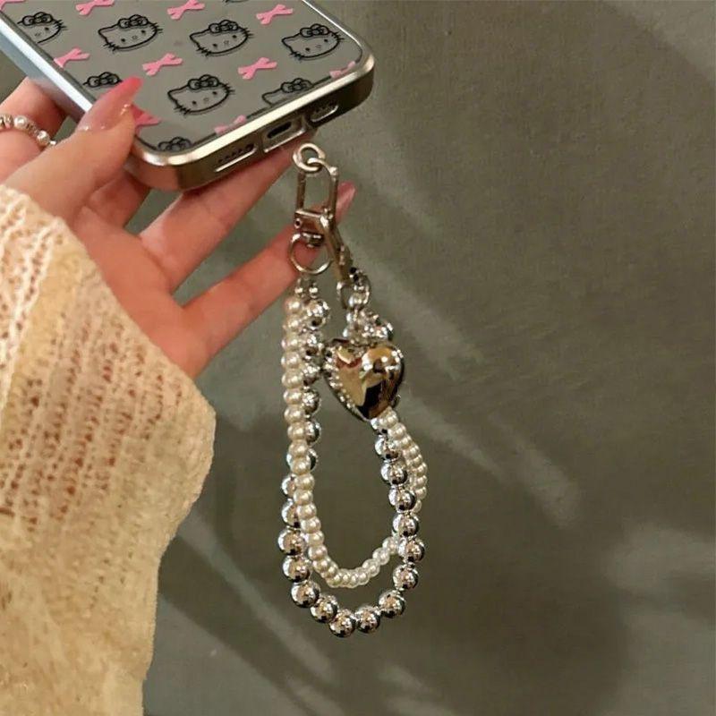 Ins Minimalist Style Simple Pearl Double Chain Heart Short Chain Niche Versatile Phone Case Anti-Lost Phone Chain Trendy