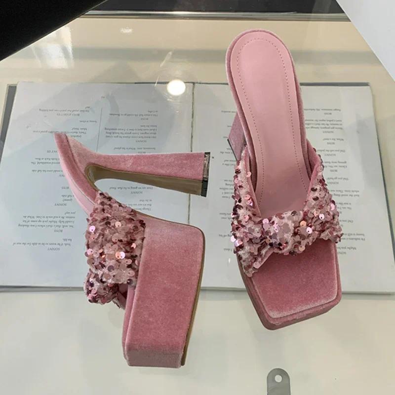 

Fashion Sexy Square Toe High Heels Women Modern Designer Summer Slippers Fish Scales Pleated Narrow Band Platform Sandal Ladies Shoes 40 розовый