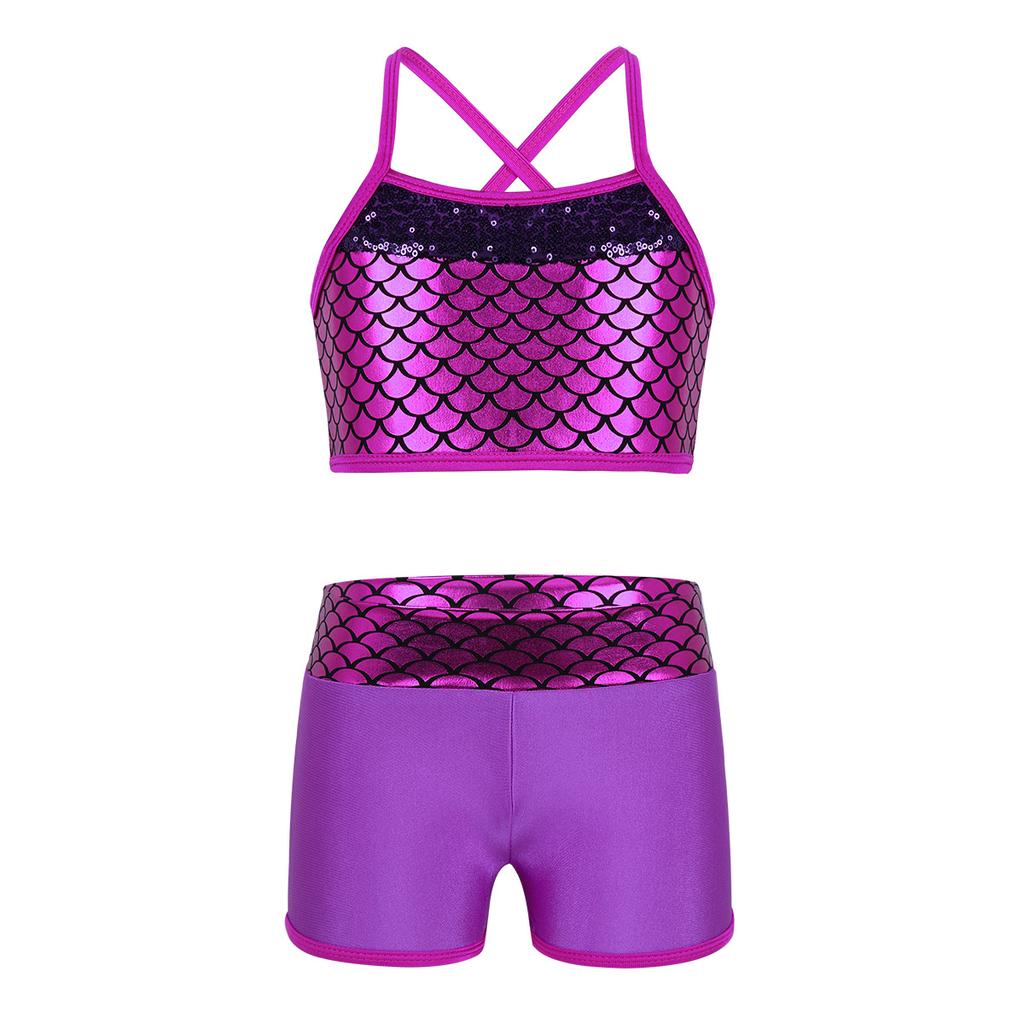 Kids Girls Sequins Mermaid Tank Top with Shorts Dance Outfit Gymnastics Dancing Costume Swimwear