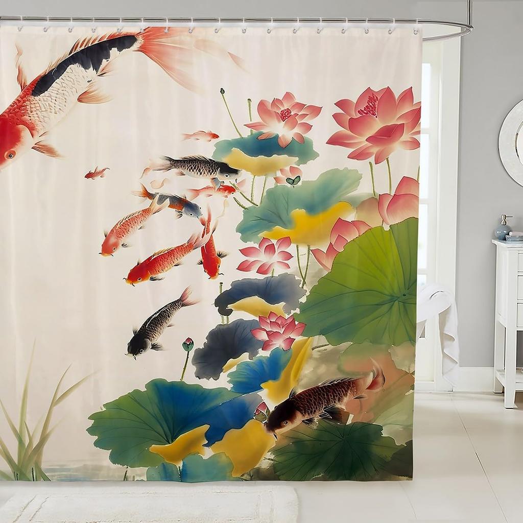 Chinese Ink Painting Shower   Koi Fishes Japanese Bath Curtain for Boys Girls    Shower Curtain Set Kids Bathroom Accessories