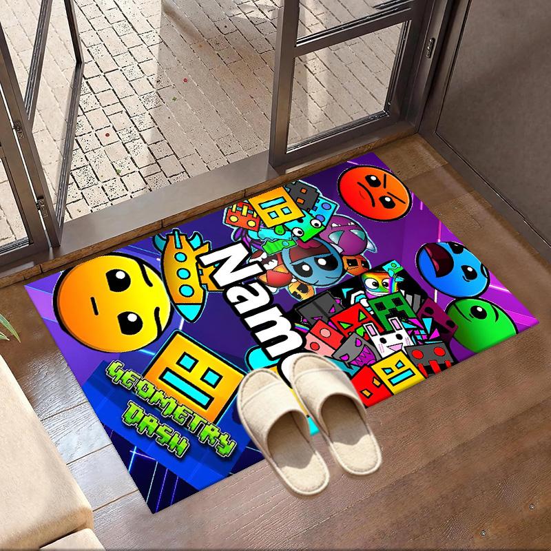 Custom Name Personalized Geometry Dash Print Carpet, Versatile Home Decor Rug, for Playroom, Apartment, Balcony, Entryway, Hallway Gift