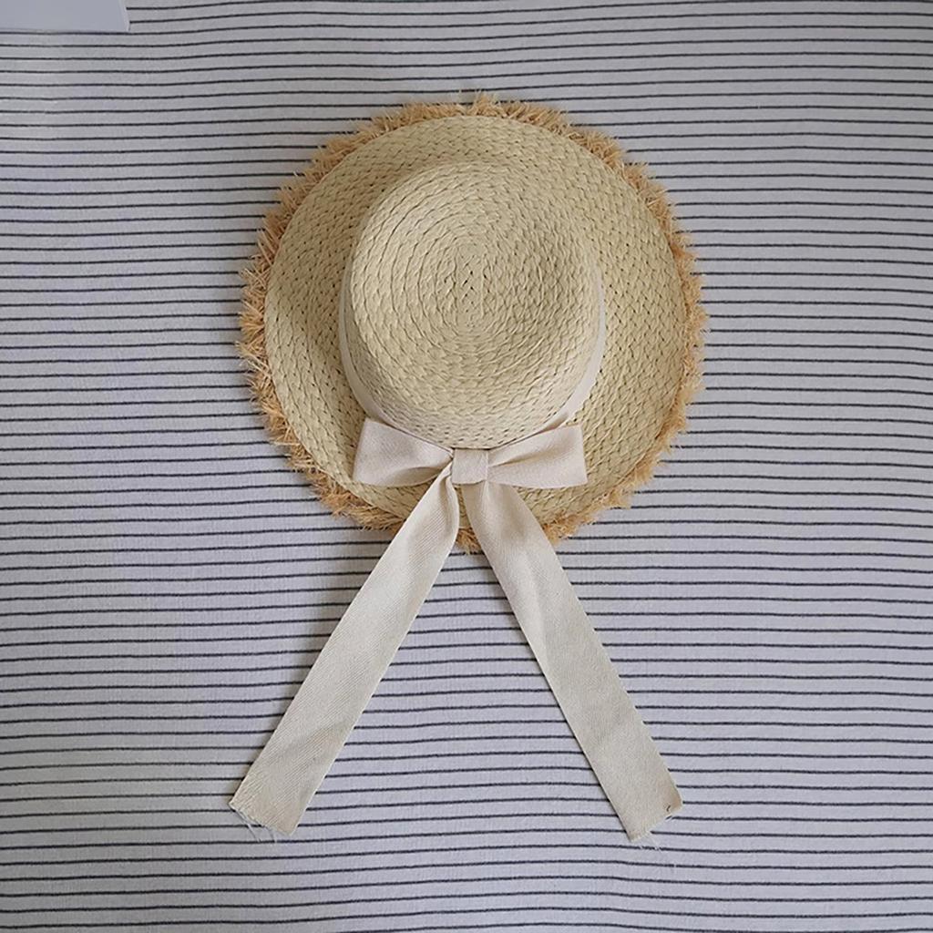 Summer Straw Hat for Baby Girls Vintage Bow Flat Top Fedora Hats Children Outdoor Wide Brim Panama Cap Beach Sun Visors