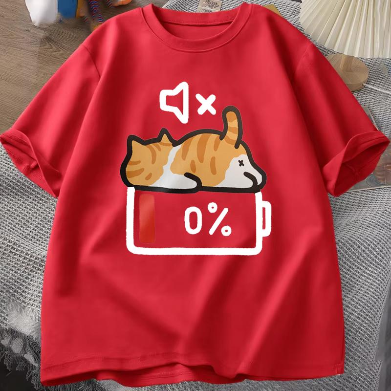 Retro Style Cat Printing Loose Short Sleeves T-shirt Woman Men Summer Round Neck Tops