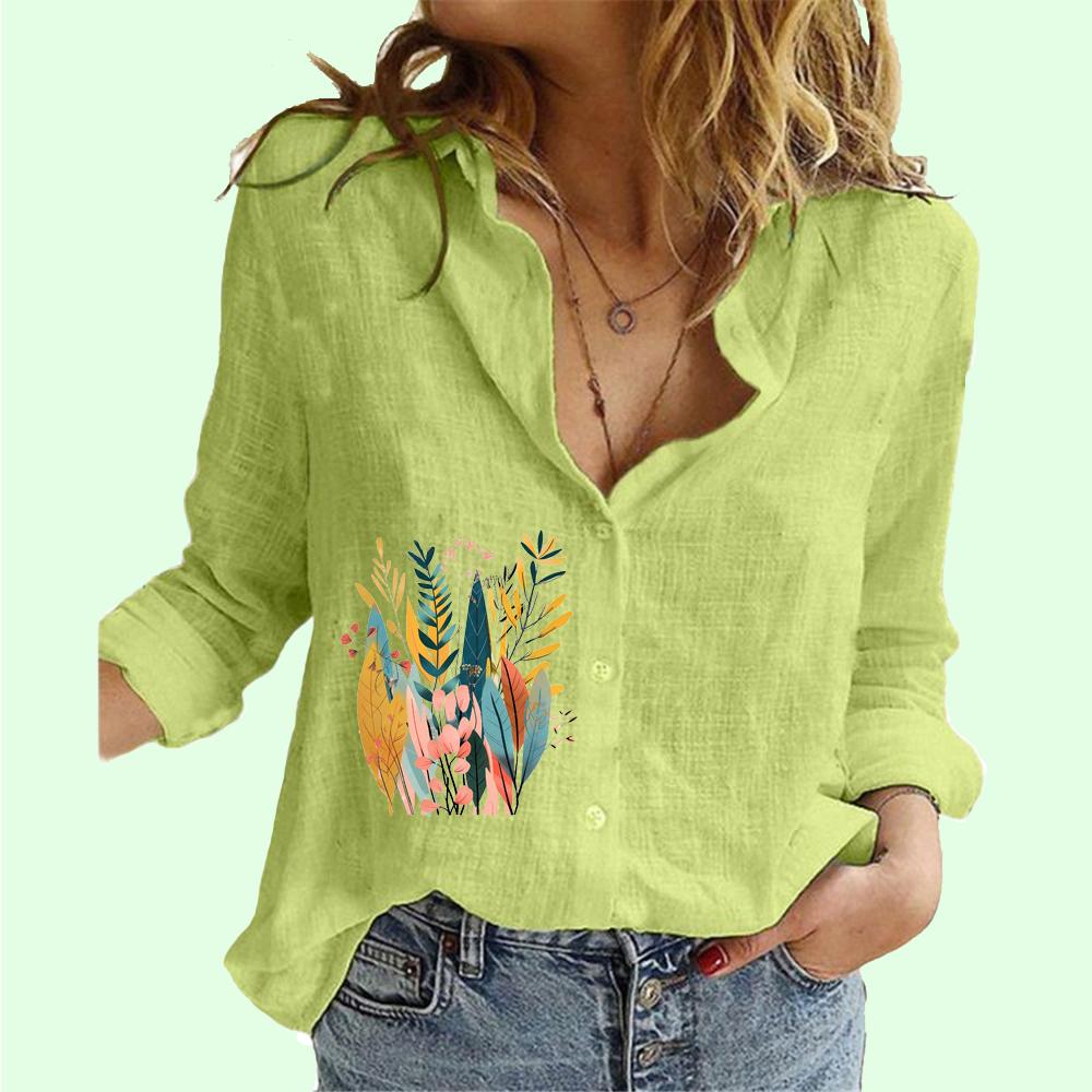 Women Fashion Button-up Shirt Summer&fall Cotton Linen Long Sleeve Top Ladies Casual Floral Print Blouses