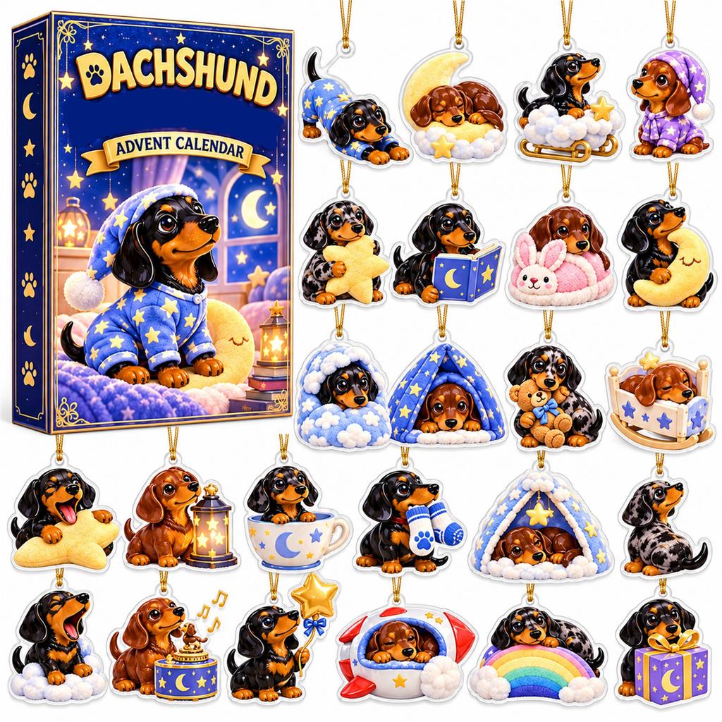 -Day House Advent Calendar Set, 2D Acrylic Dog Pendant Ornaments, Pajama Theme Christmas Countdown Tree Decorations and Gift