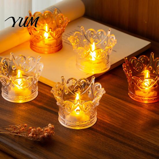 Transparent Plastic Box Crown LED Tea Light, Flameless Faux Crystal Candle Night Vintage Home Decor Romantic Wedding Party Decor, Creative Gift