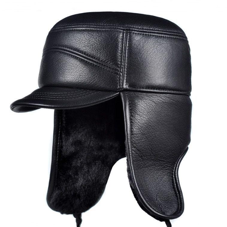 Herren Winterhut aus echtem Leder - Verdicktes Rindsleder im Lei-Feng-Stil mit Ohrenschutz für Senioren.