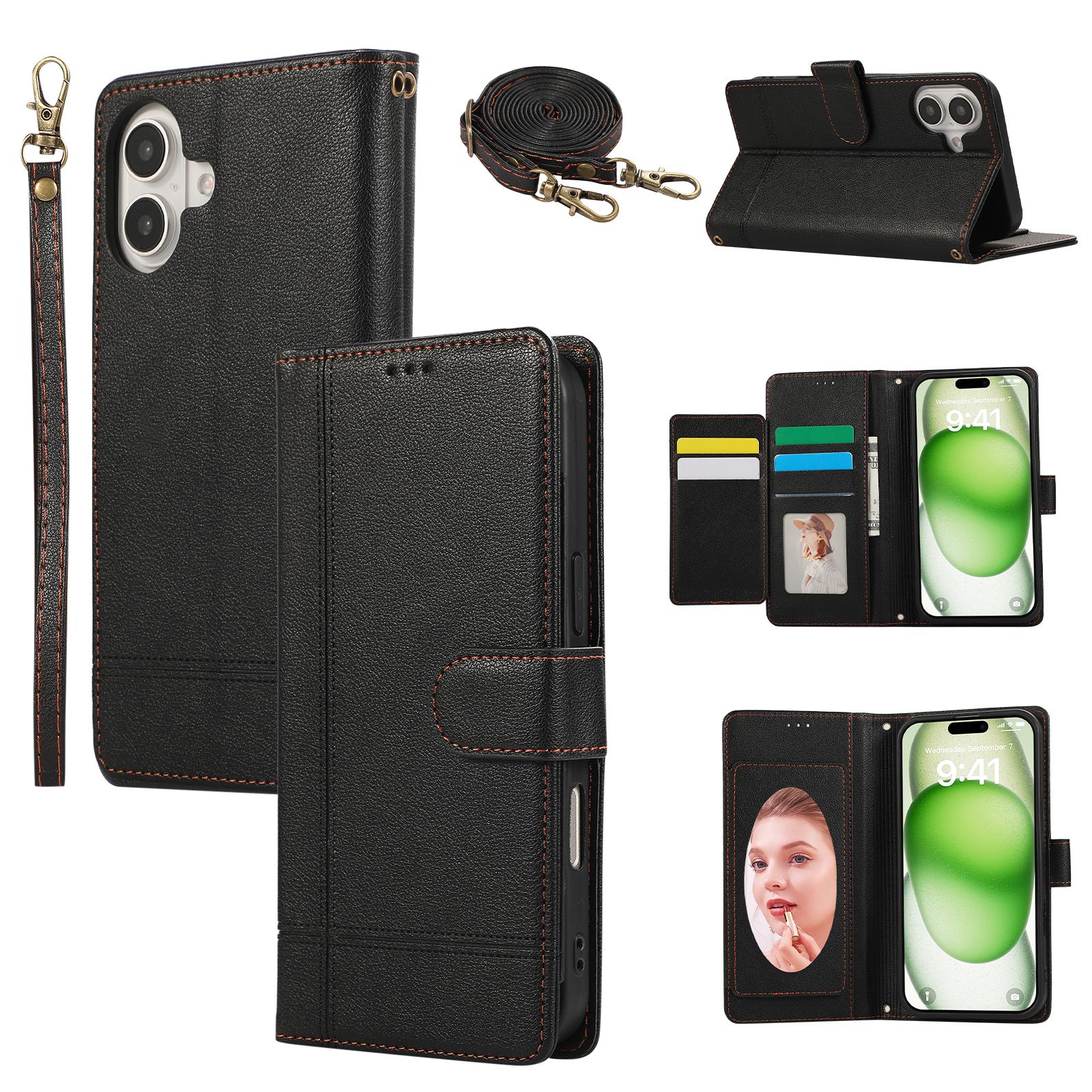 

Чехол для iPhone 16 с несколькими слотами для карт, на молнии, кожаный чехол для телефона с плечевым ремнем/ремешком на запястье Black