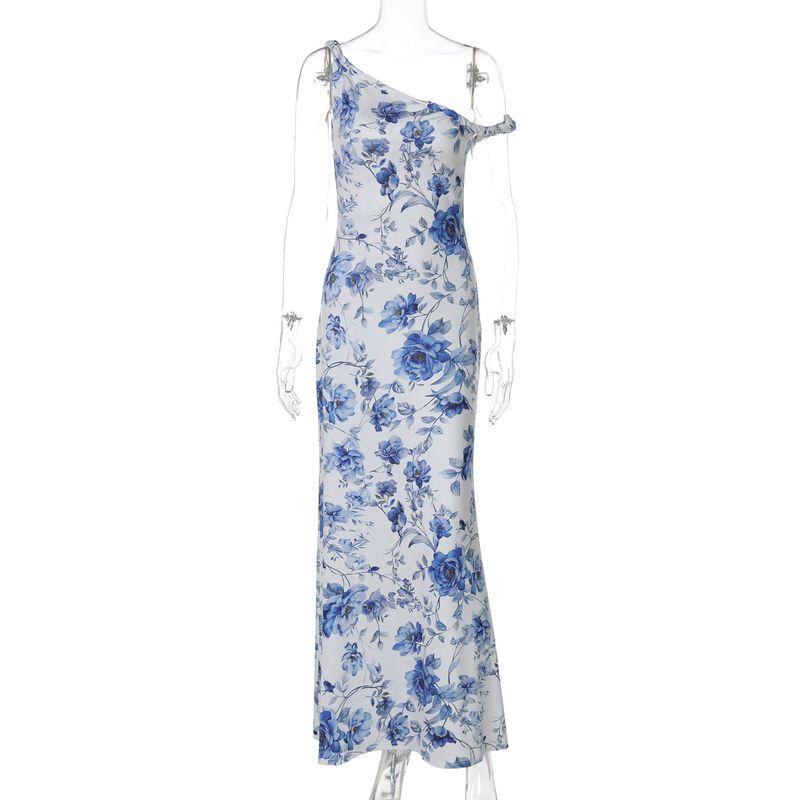 

Shemoda Retro Stylish Flower Print Diagonal Collar Twisted Dress Women s High Waist Silm Sexy Sheath Dress Blue L