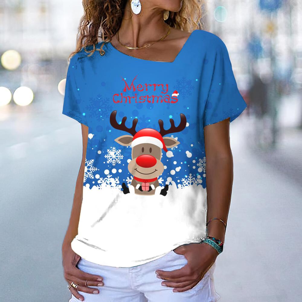 Christmas Elk Print Women's T-Shirt Kawaii Fashion Woman Clothing Oversized V-Neck Ladies Short Sleeve Tops Casual Pullover Tee