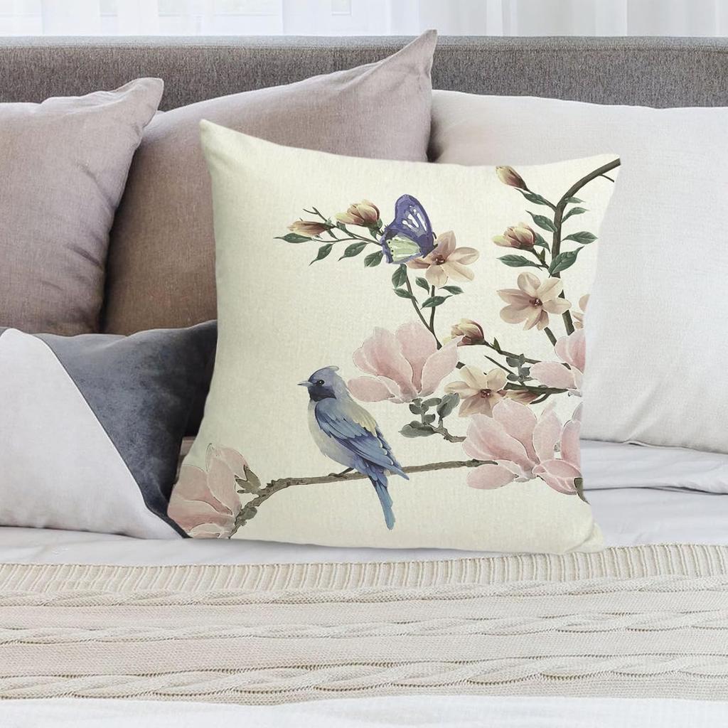 Bird Flower Decorative Pillow Covers 18x18 Linen Outdoor Square Pillow Case Cushion Cover for Sofa Couch Bedroom