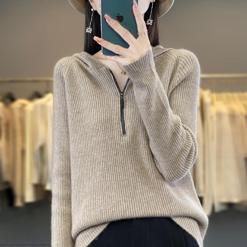 Women's Ribbed Wool Hooded Half-Zip Knit Sweater for Autumn/Winter Outerwear