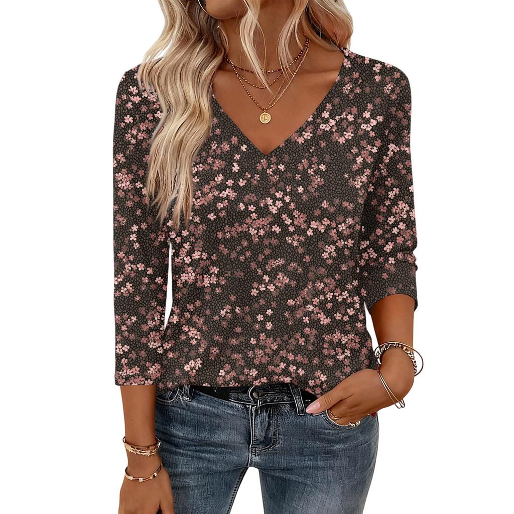 3/4 Length Sleeve Womens Tops V Neck Shirt  Casual Blouse Basic Tshirts
