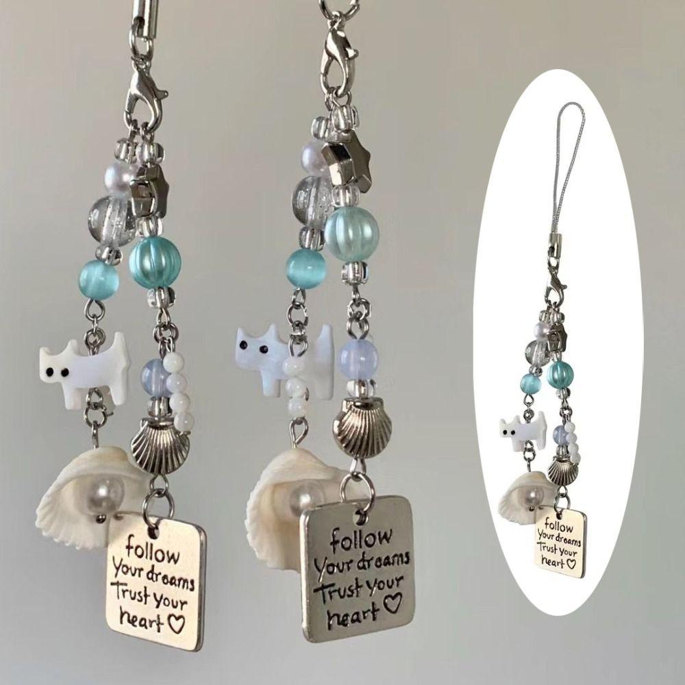 5PCS Zinc Zinc Alloy Beaded Cat Pendant Imitation Pearl Keyring Sweet Shell Pearl Phone Lanyard  Beach