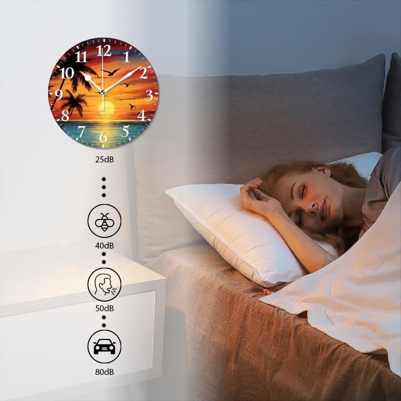 Sunset Wall Clock Non-Ticking Silent Clocks Battery Operated Analog Decor Clock for Home-Beautiful Sunset Over The Ocean with Palm Trees and Birds