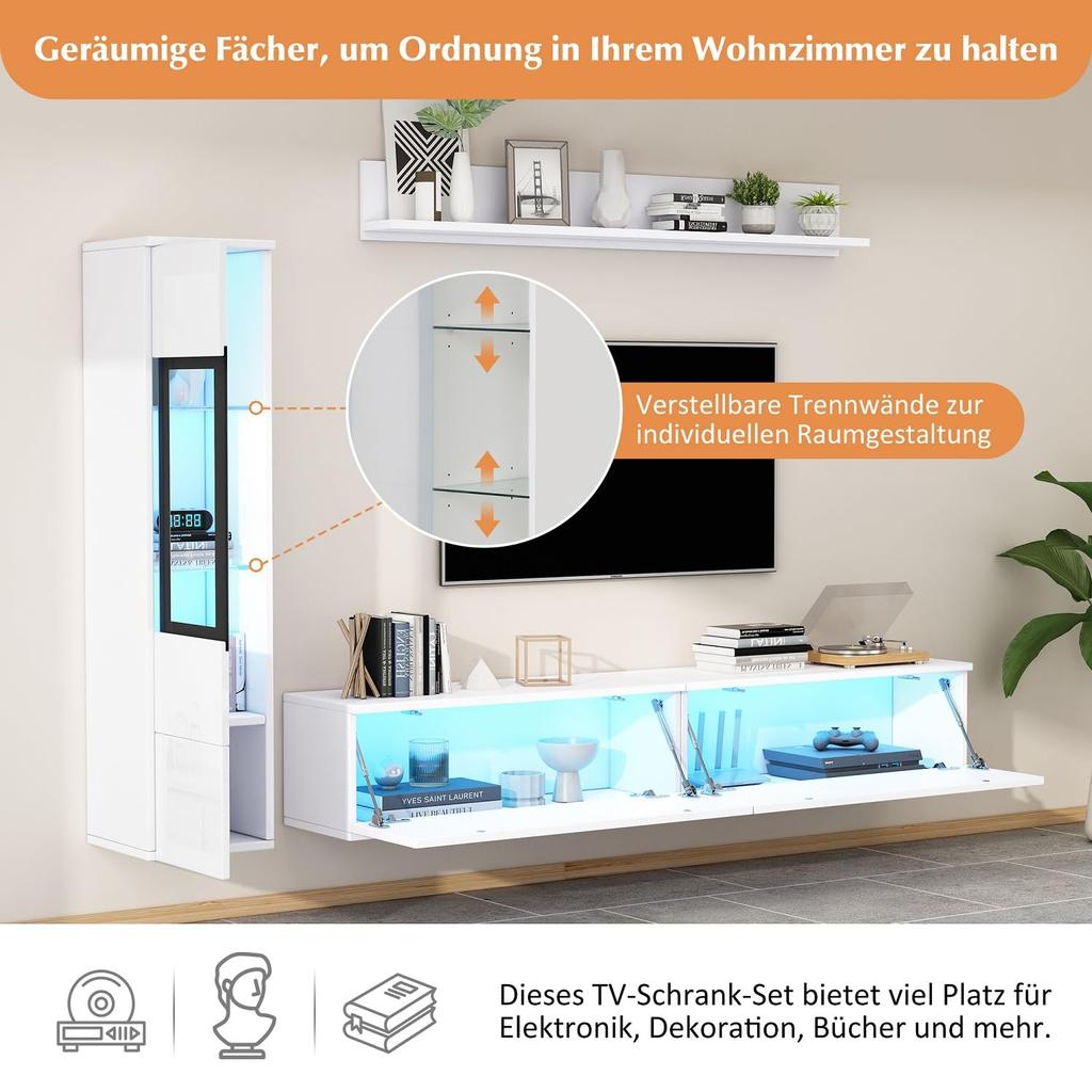 Wohnwand 3-Teilig Set, Möbel Set, Hängend, 1x TV Lowboard, 1 x 1x Wandboard, Komplett, Elegante Mediawand LED-Licht, Viel Stauraum, Weiß