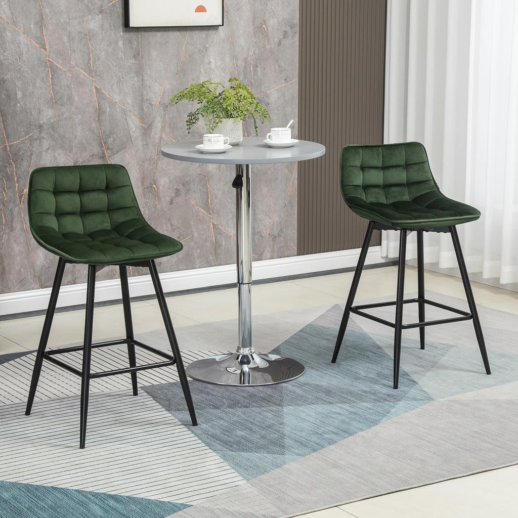 Set of 2 Bar Stools with Backrest and Footrest Nordic Style In Metal and Velvet, Green, 45x47x84cm