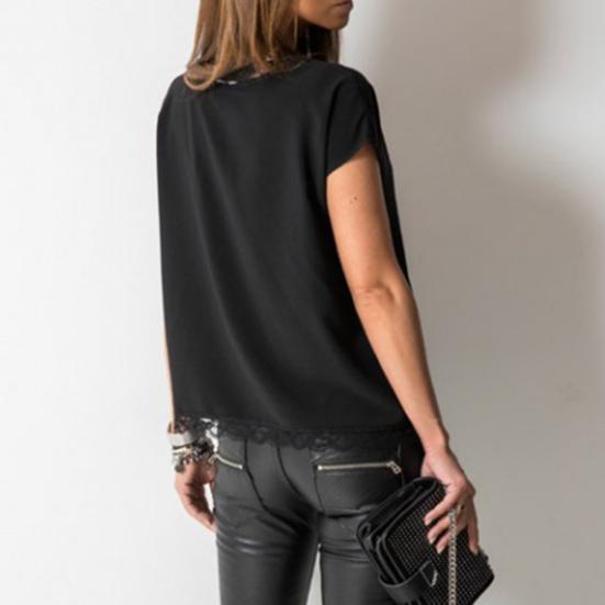 Kadınlar Seksi Düz Renk Dantel Patchwork Derin V Yaka Kısa Kollu Bluz Gömlek Üst