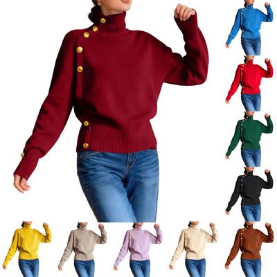 Damen Locker Bequemer Lässiger Strickpullover mit Knöpfen und Hohem Kragen