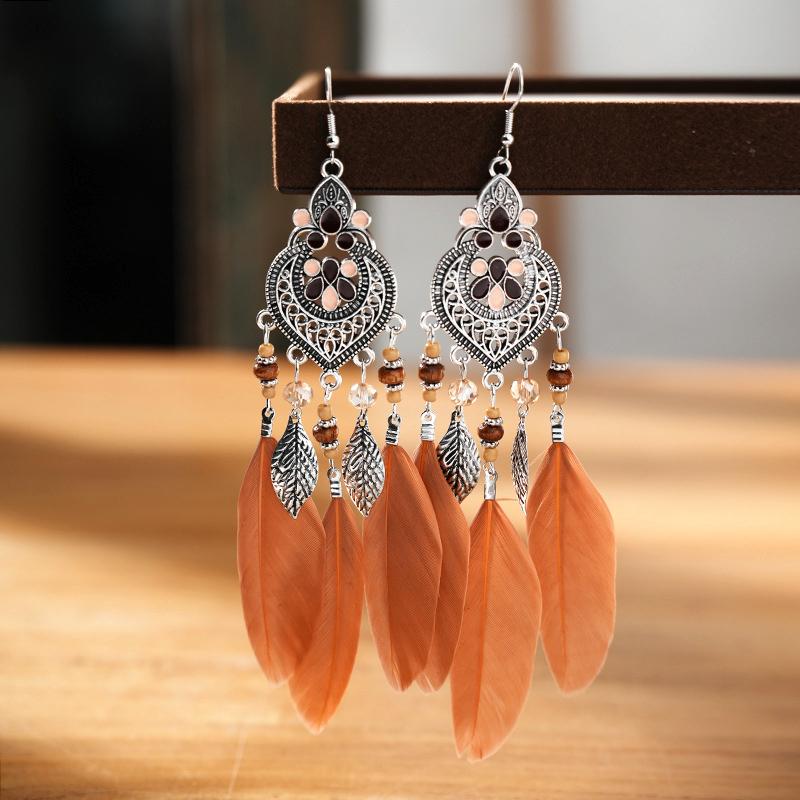 Modische Böhmische Bunte Federohrringe für Damen Ethnischer Stil Lange Geometrische Ohrringe Damen Schmuck Accessoires Geschenk