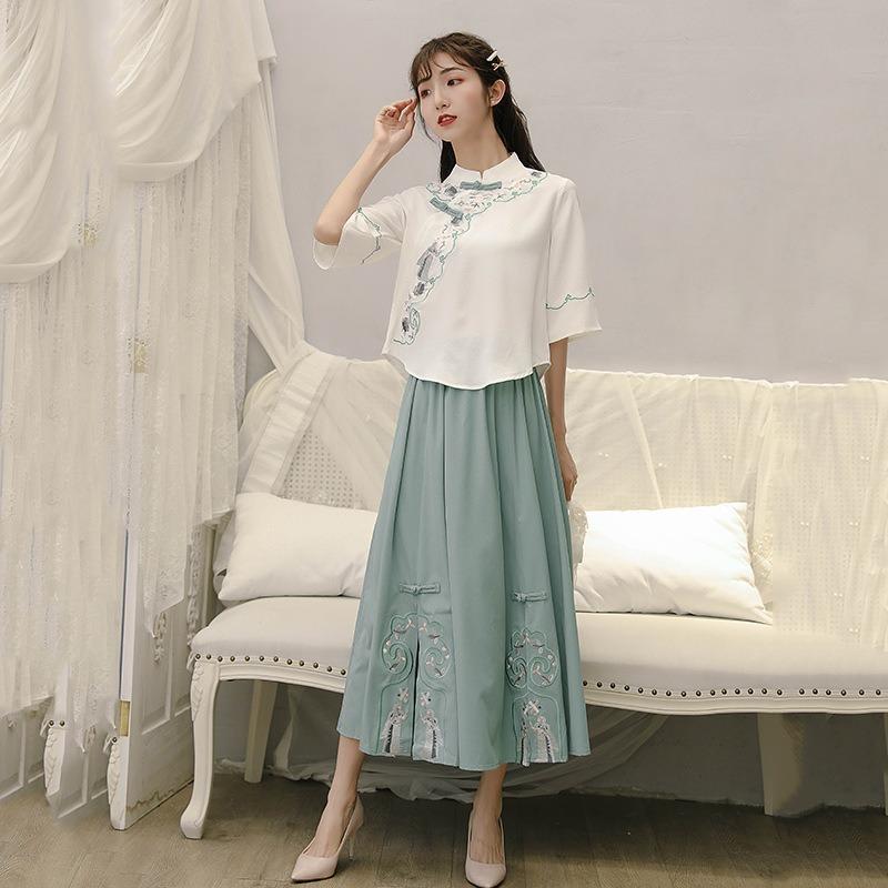 

Elegant Hanfu Women s Summer New Butterfly Sweet Chinese Suit Embroidered Suit Hanfu Blouse Skirt Two Piece Set XXS