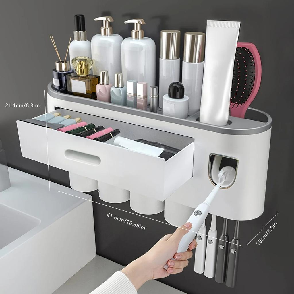 2025+ A Wall-Mounted Toothbrush Holder with 4 Cups, A Large Tray, and 1 Makeup Drawers.