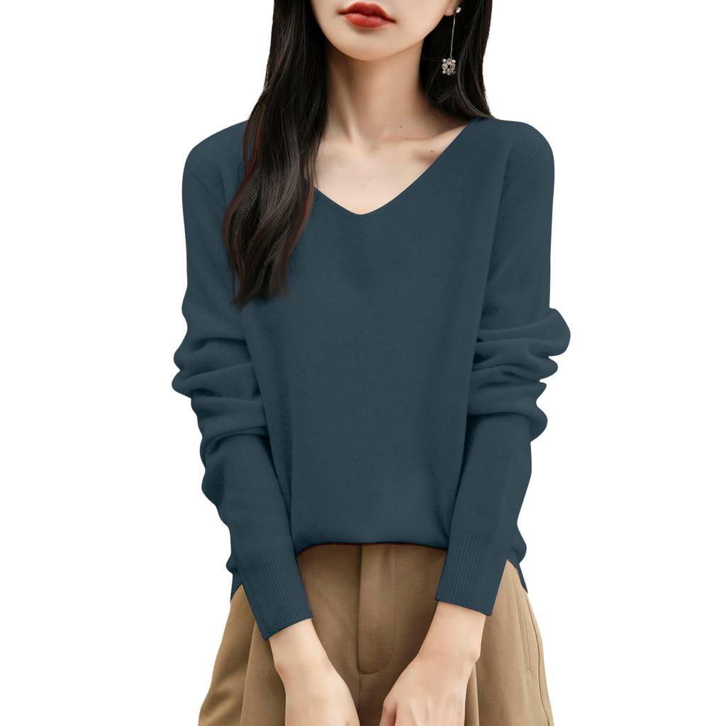 Women's Fashion Flat-Knit V-Neck Pullover Sweater Solid Color Long-Sleeve Top
