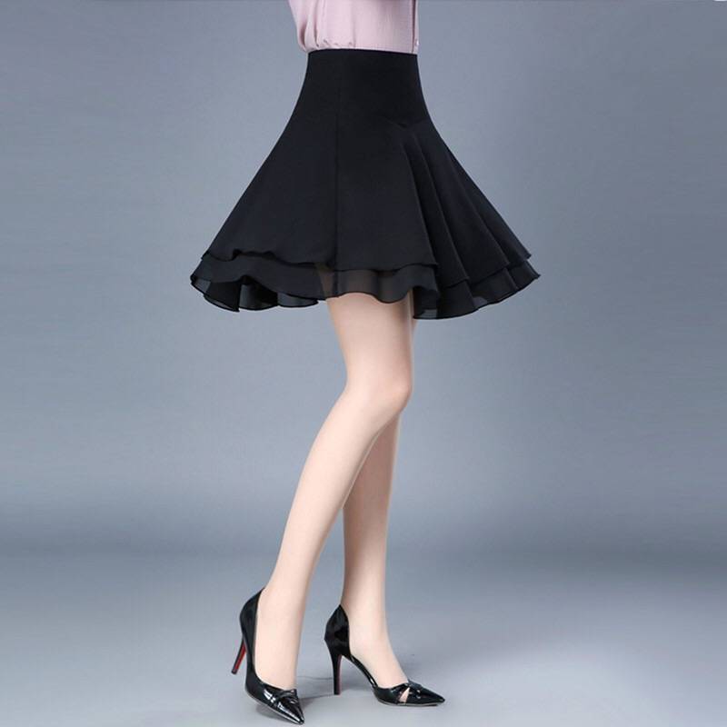 Korean Fashion Women Chiffon Skirts Summer Office Lady All-match Double Layer With Lining Elastic High Waist Black A-line Skirt