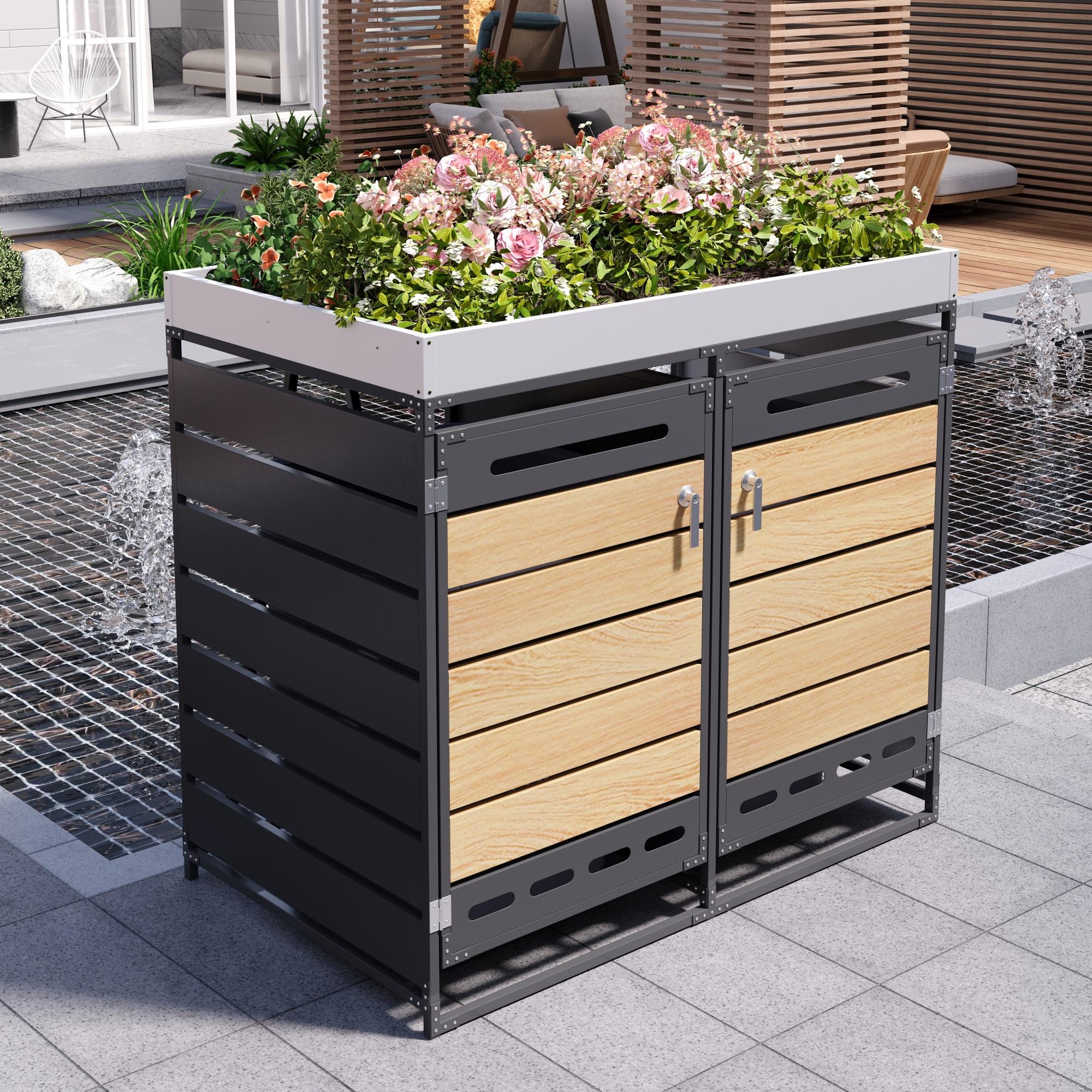 Garbage bin box with planter box