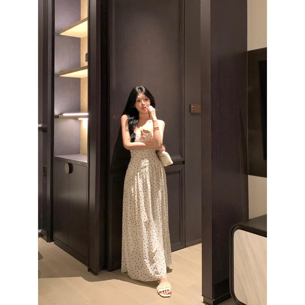 French Pure Waist Pinched White Polka Dot Suspender Dress Women's Summer Pure Desire Temperament Waist Thin Dress