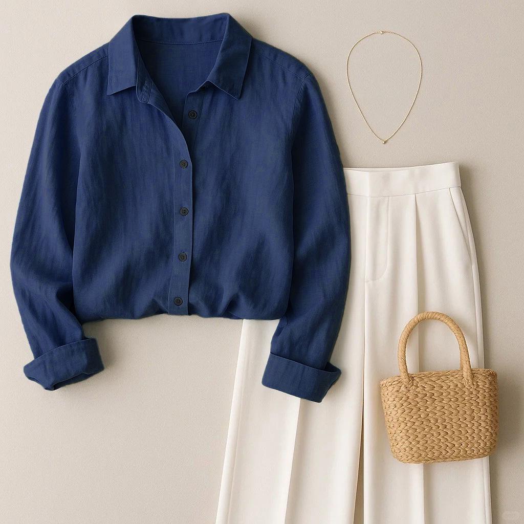Women's French Casual Cotton Linen Long Sleeve Shirt - Spring/Autumn Collection