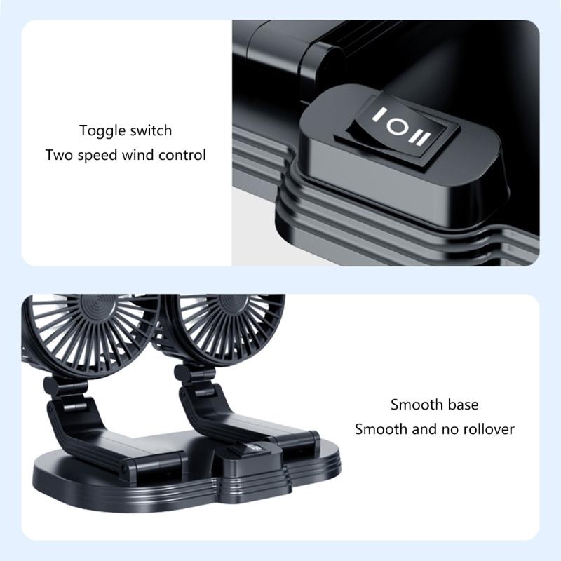 Car Dual Head Fan 360° Rotation 2 Gear Adjustable Cooling Fan for Vehicles Office Dashboard Mount USB Powered Cooler Fan