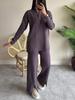 Women's Beige Knit Set with Half-Zip Top and Wide-Leg Pants, Split Hem Detail, Casual Elegant Outfit
