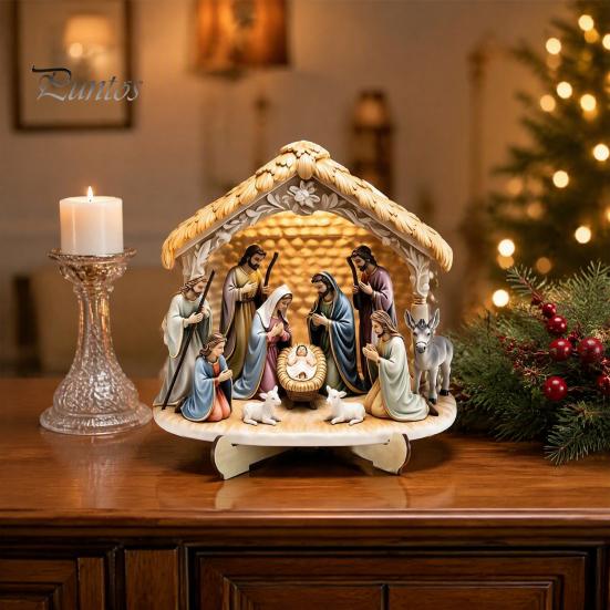 Durable Wood Nativity Set Scene Wooden Tabletop Sign, Christmas Manger Holy Family Figurine Decor, for Table Decor Religious Xmas Desktop Ornament,