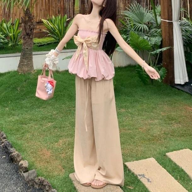 French pink bow tube top for women's summer first love, sweet vacation style sleeveless bud short top