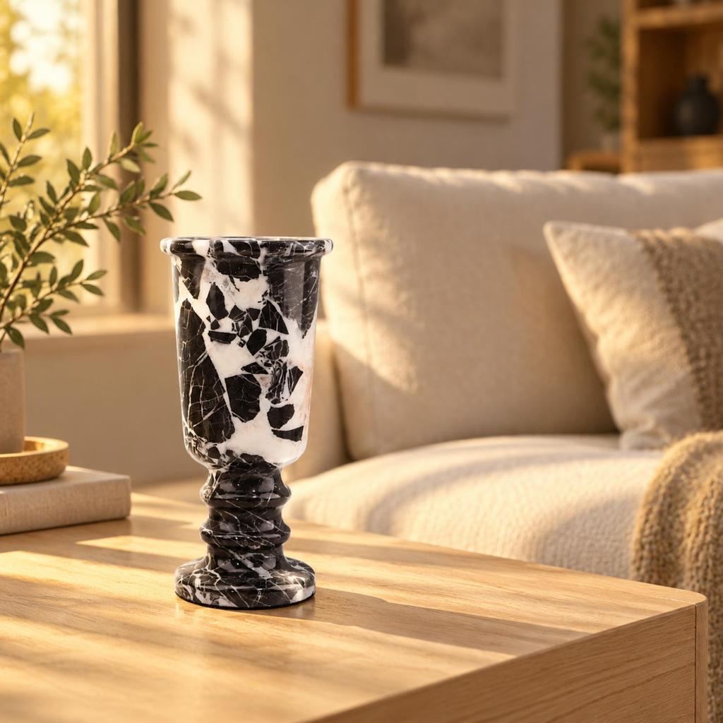 Roman Column Style Pedestal Vase Marbled Pattern Cylindrical Marble with Flared Rims Black and