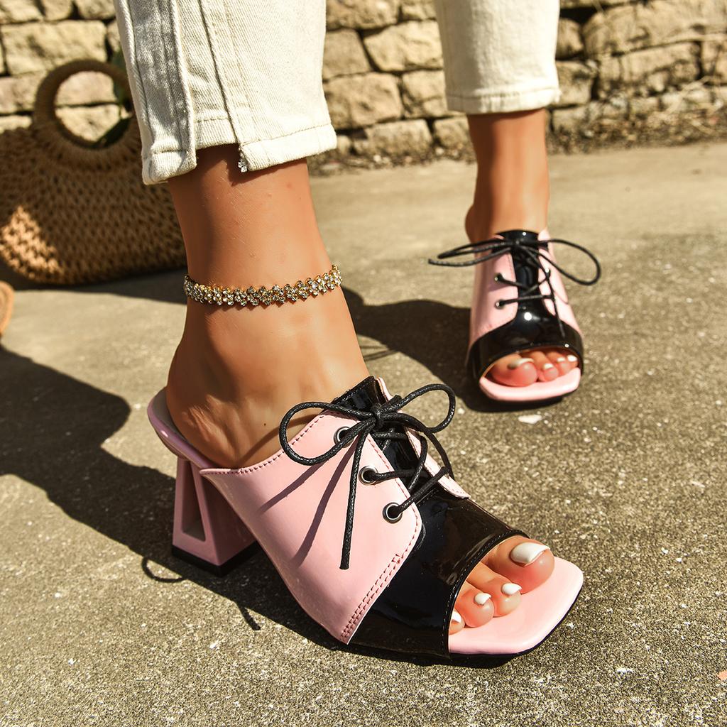 Fashion Open-toe Sandals Women 2025 Elegant Woman High Heel Shoes Summer Fashion Comfort Thick Middle Heels Slippers Metal Decoration