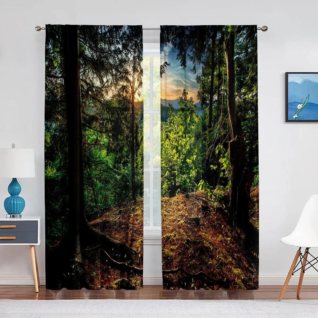 3D Woodland Forest Foliage Sunbeams Nature View Curtains for Living Room Bedroom Kitchen Decor Sheer Curtains Window 2pcs Cortin