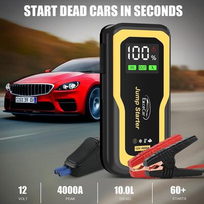 4000A Jump Starter for 12V Cars, 10.0L Engines, USB Quick Charge, LCD Display, with Storage Case