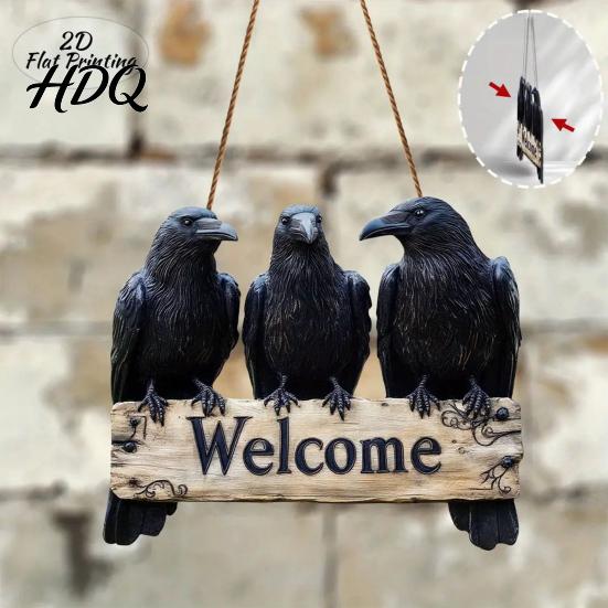 Unique Festival Gift Halloween Crow Door Hanger Sign Wooden Black Welcome Gothic Seasonal Hanging Plaque Rustic Vintage Outdoor Decor for