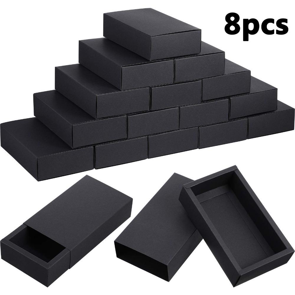 8pcs Black Kraft Paper Drawer Box Mini Crafts Cardboard Present Boxes Soap Jewelry Party Favors Packaging Boxes Foldable Square Jewelry Display