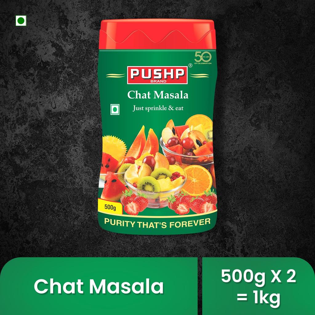 Pushp Chat Masala Jar Tangy Spicy Seasoning Blend For Fruits Snacks Salads And Chaats Premium Flavor Enhancer 500G X Pack Of 2
