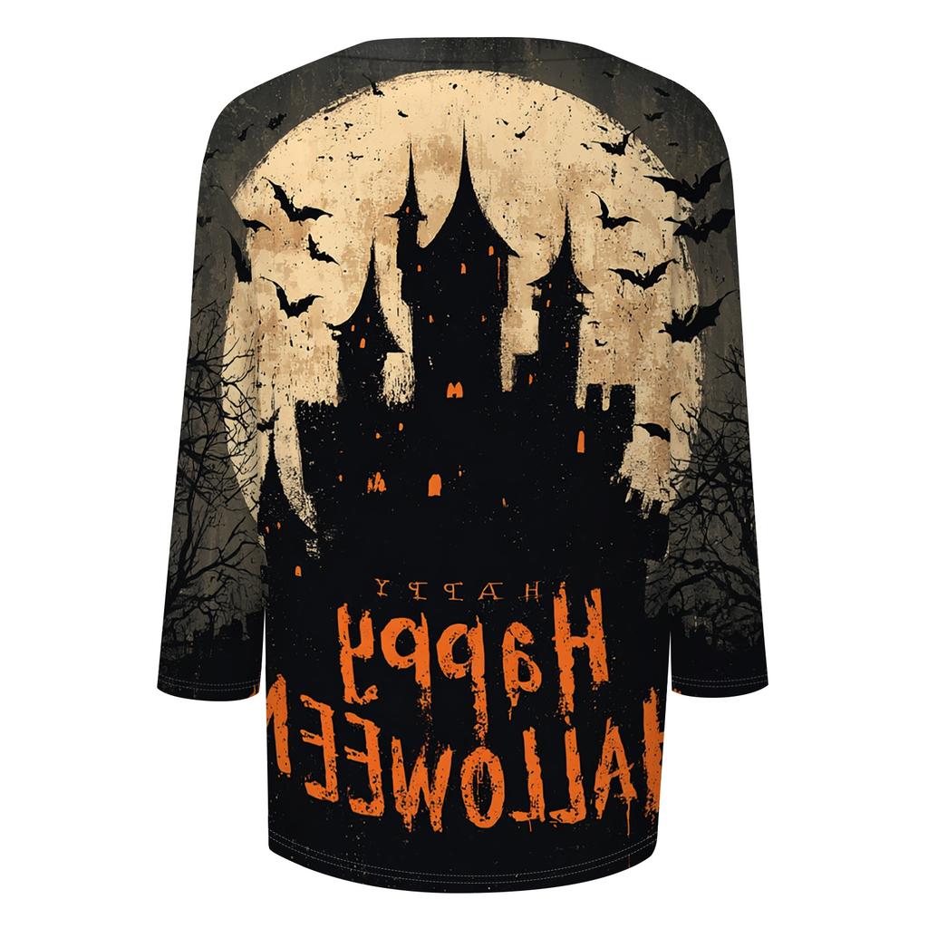 Women's Casual Crew Neck Three Quarter Sleeve Halloween Print T Shirt Top Lightweight Comfortable Fit for Everyday Wear
