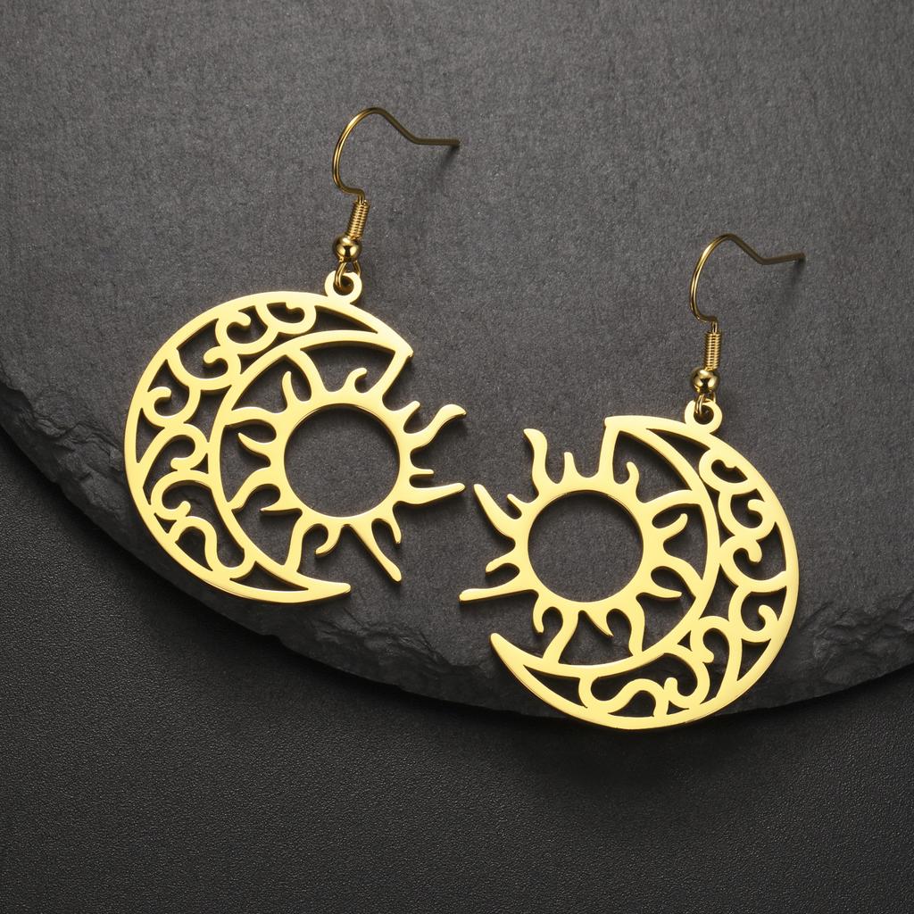 LIKGREAT Vintage Celtic Crescent Moon Sun Drop Dangle Earrings for Women Stainless Steel Good Luck Pendant Jewelry Birthday Gift