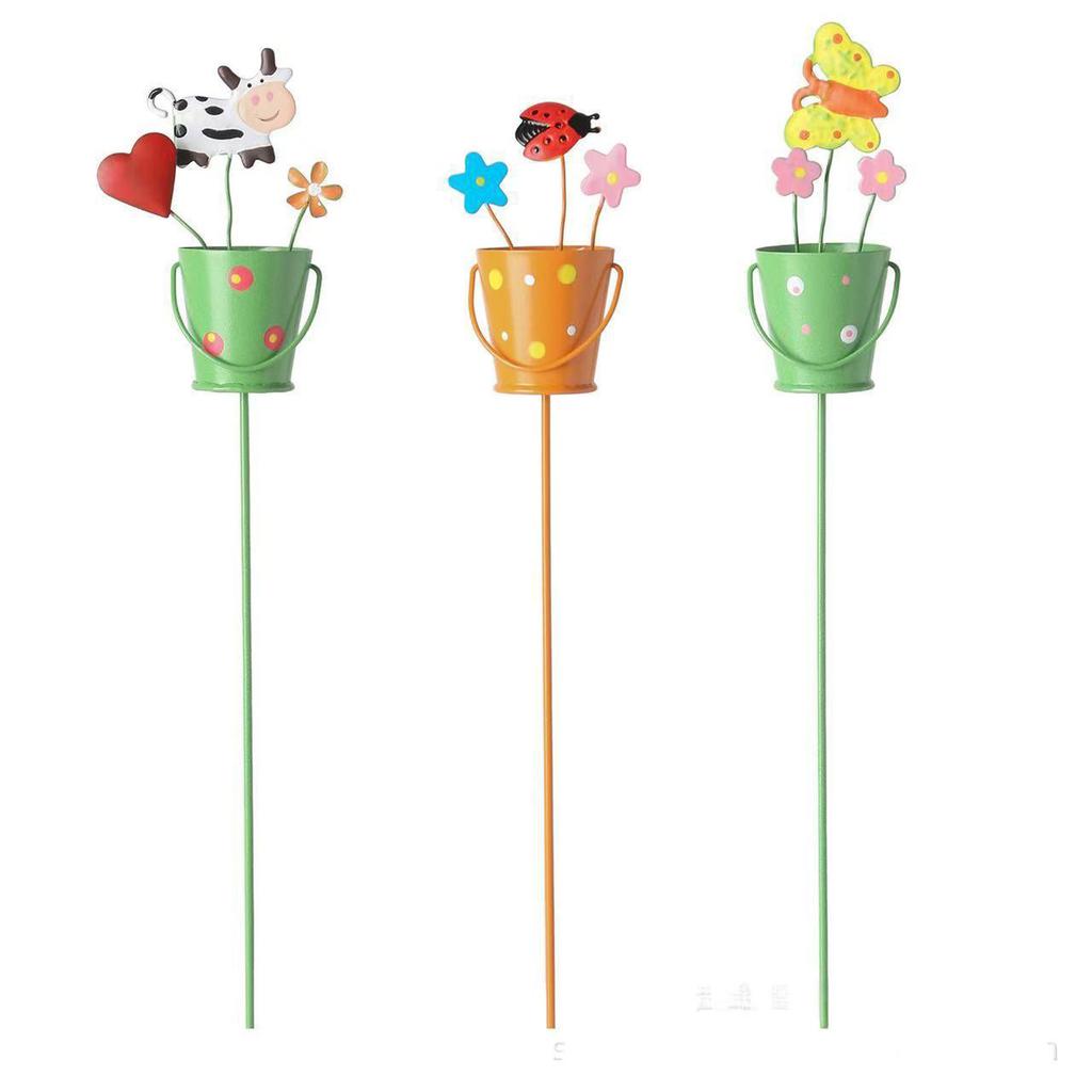 Set Of 3 Metal Garden Stakes, Whimsical Animal & Flower Potted Plant Yard Decor, Colorful Outdoor Ornaments For Flower Beds & Lawns