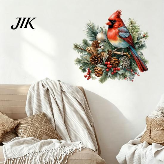 Festive Indoor Outdoor Glass Decals Christmas Bird Wall Sticker, Decorative PVC Decal with Pine Branch Cone And Red Berry, Waterproof Peel Sticker Art